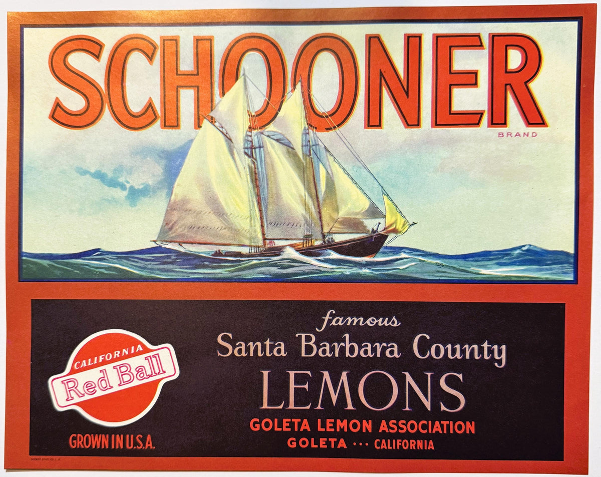 Antique 1930s Schooner Brand Lemons Crate Label — Goleta Lemon Association, Santa Barbara County CA