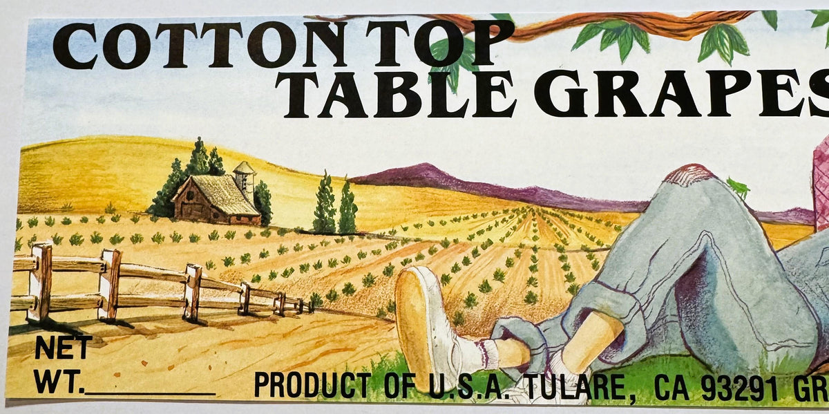 Vintage 1980s Cotton Top Table Grapes Crate Label from Tulare, California