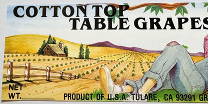 Vintage 1980s Cotton Top Table Grapes Crate Label from Tulare, California