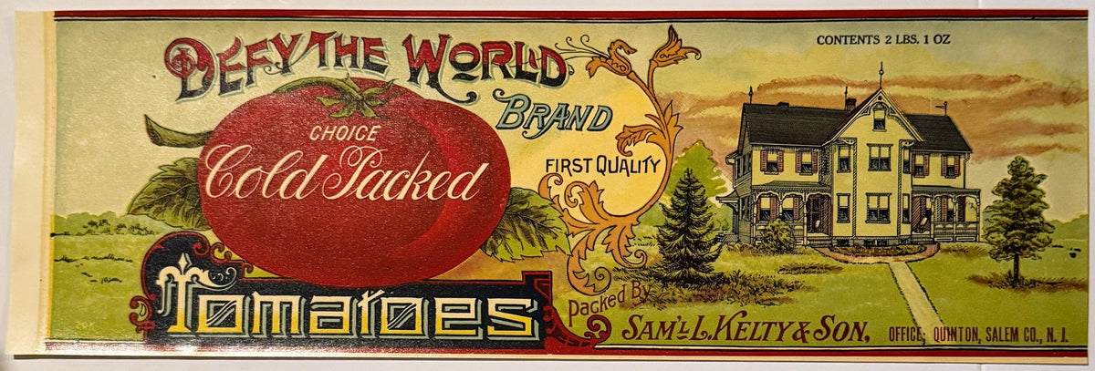 Antique 1910s-1920s Defy The World Tomatoes Can Label 🍅 Kelty & Son, Quinton NJ