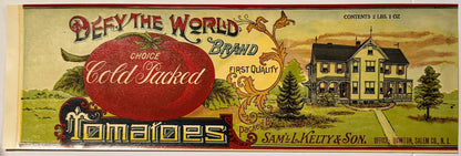 Antique 1910s-1920s Defy The World Tomatoes Can Label 🍅 Kelty & Son, Quinton NJ