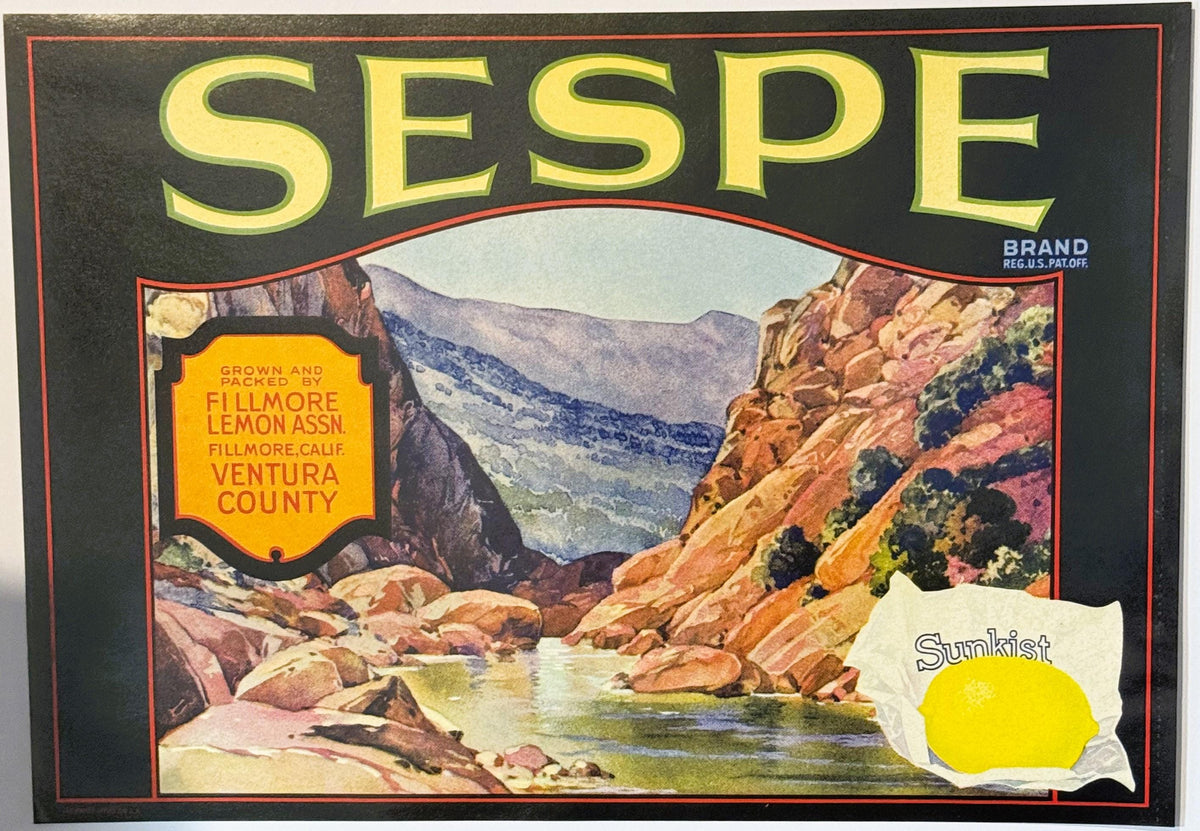 Antique 1930s Sespe Brand Sunkist Lemon Crate Label 🍋 — Fillmore Lemon Assn., Fillmore, Ventura County CA