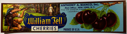 Vintage 1940s William Tell Cherries Crate Label 🍒 San Joaquin Valley CA NOS