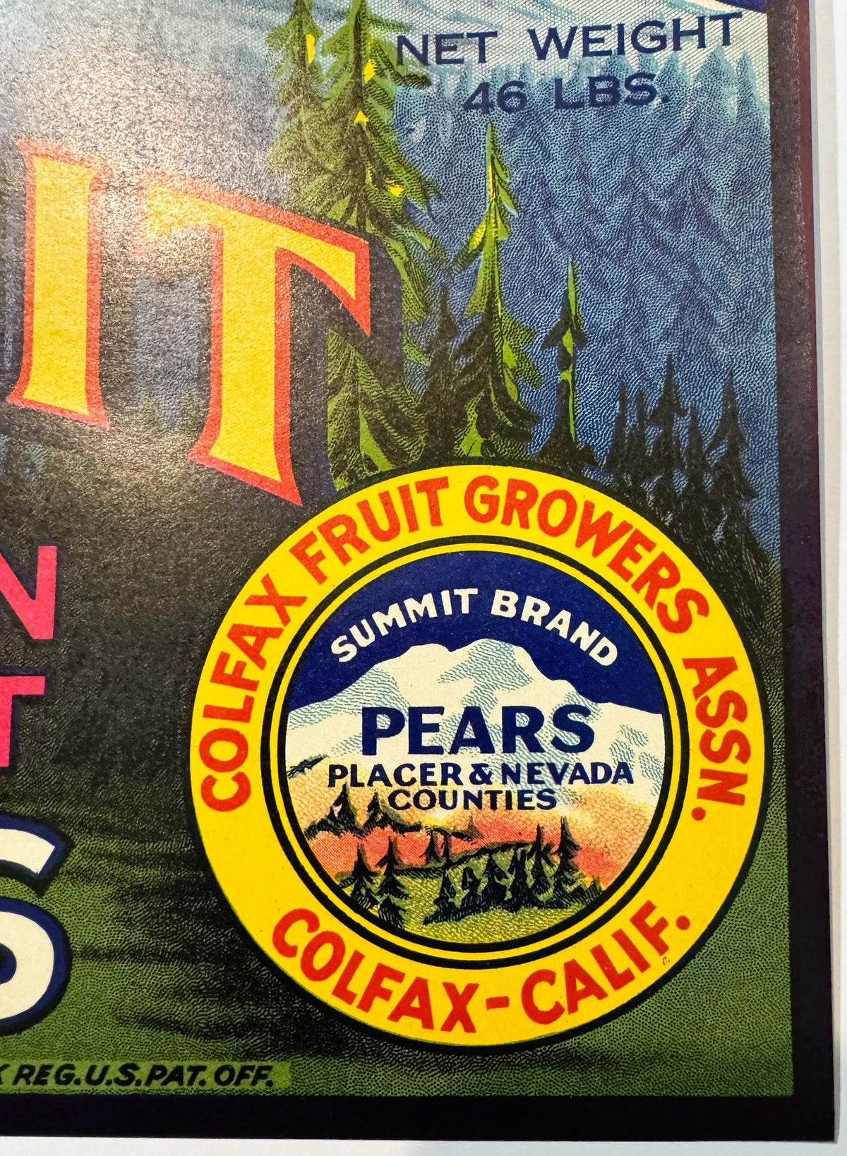 Antique 1930s Summit Brand Mountain Bartlett Pears Crate Label — Colfax Fruit Growers Assn., Blue Anchor, Placer & Nevada Counties
