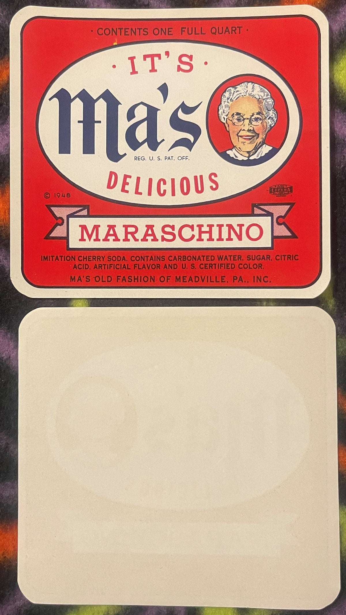 Vintage Ma's Maraschino Cherry Soda Label 1940s - 1950s Pennsylvania 🍒 Old Fashion Meadville PA Imitation Cherry Soda