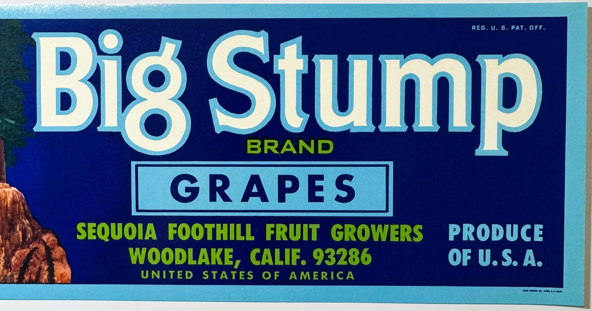 Vintage 1970s Big Stump Grapes Crate Label 🍎 Woodlake, CA, American Icon RIP 1982