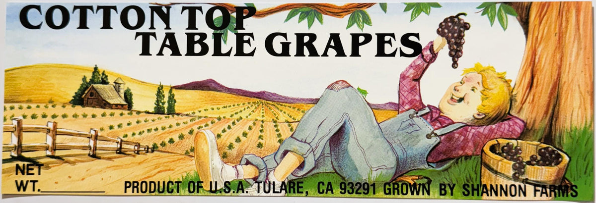 Vintage 1980s Cotton Top Table Grapes Crate Label from Tulare, California