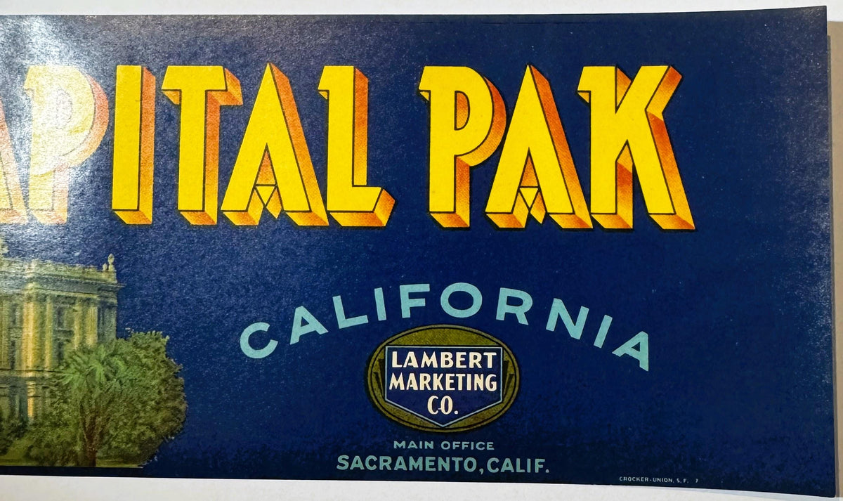 Vintage 1940s Capital Pak Crate Label from Sacramento, California