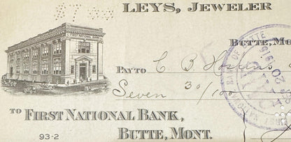 Antique 1910s Leys Jeweler Check | Butte Montana Mining Boomtown Ephemera 🪙