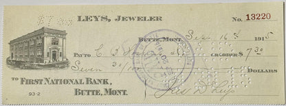 Antique 1910s Leys Jeweler Check | Butte Montana Mining Boomtown Ephemera 🪙