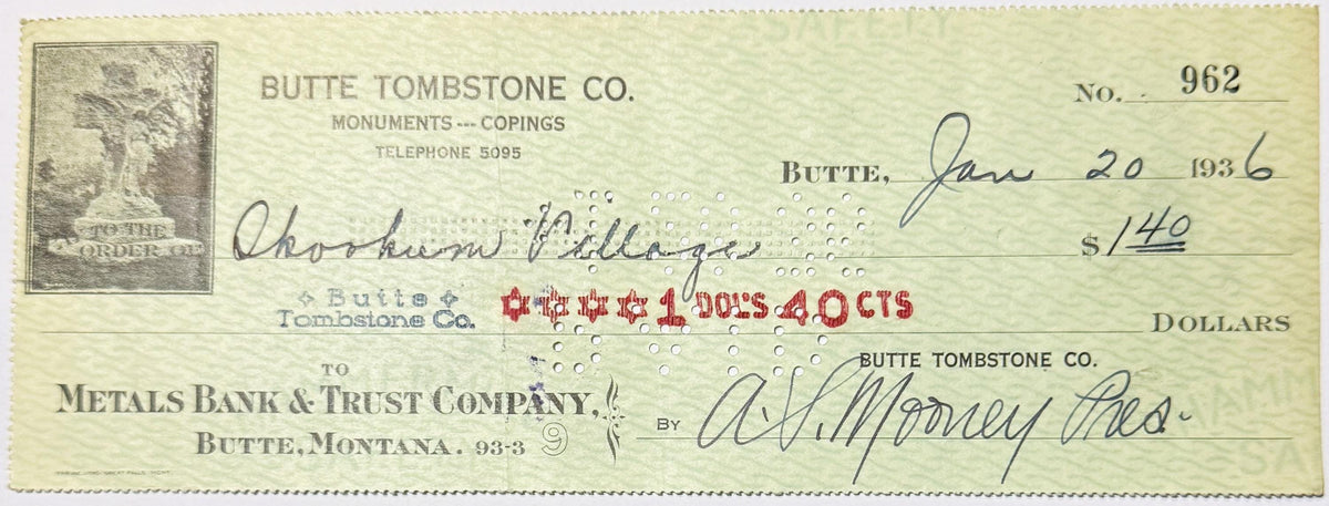 Antique Butte Tombstone Company Check | 1920s–1930s Montana Mining Boomtown Ephemera ✨