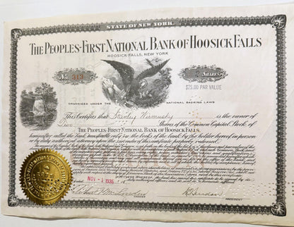Antique 1930s Peoples-First National Bank Stock Certificate 🦅 Hoosick Falls NY