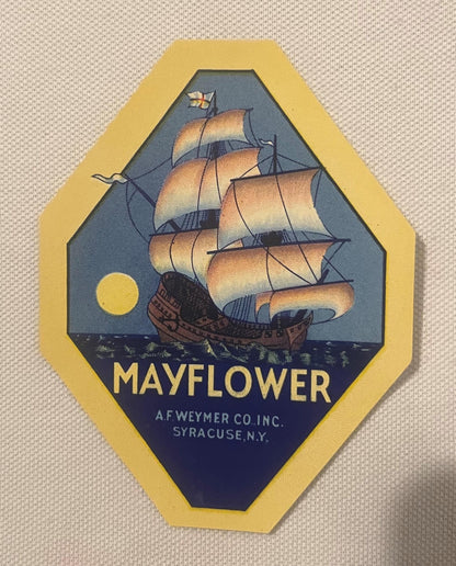 Antique Mayflower Broom Label 🧹 NOS 1920s A.F. Weymer Co. Syracuse NY Nautical Sailing Ship