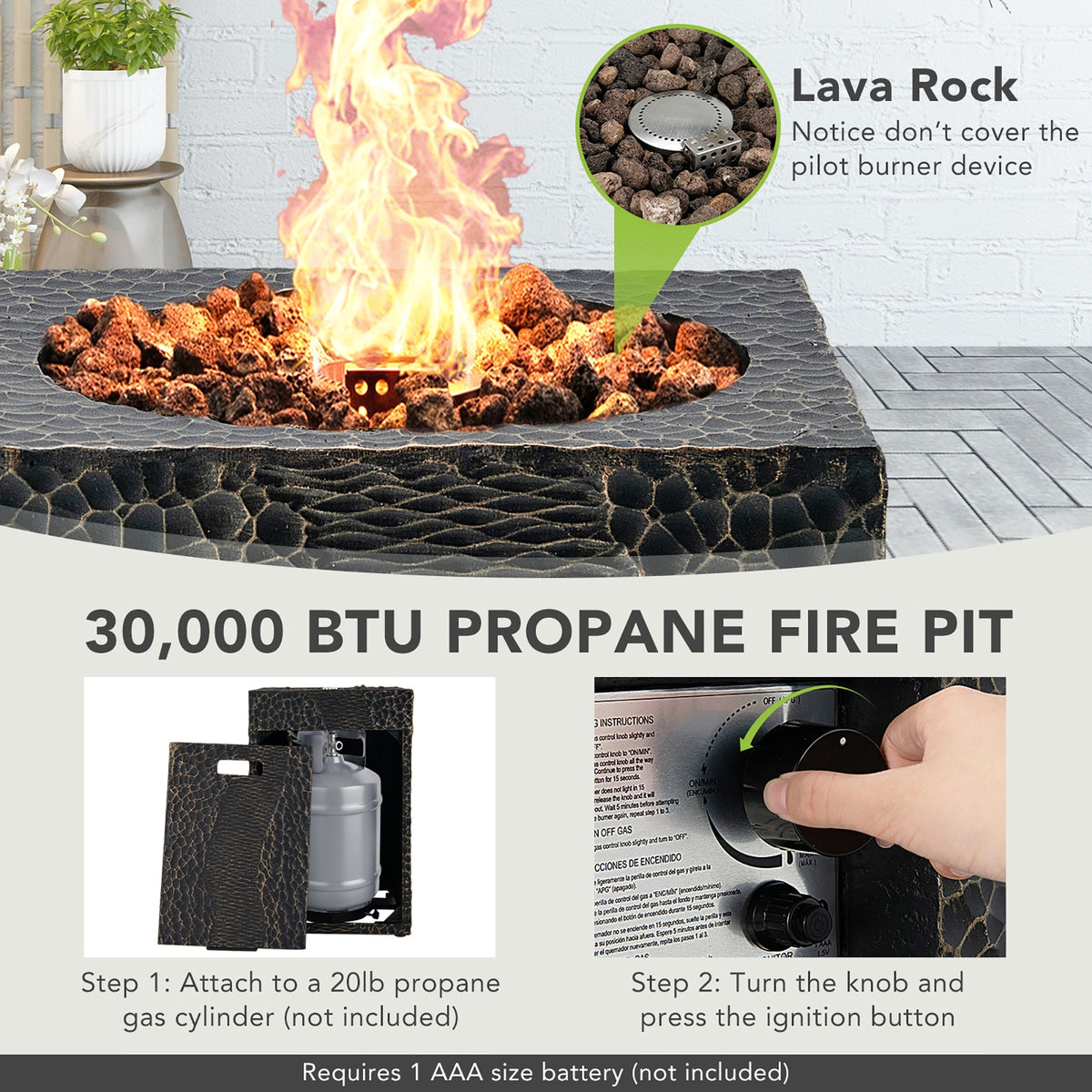16 Feet Square Outdoor Propane Fire Pit with Lava Rocks Waterproof Cover 30000 BTU