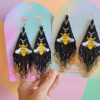 Beaded Bee Fringe Statement Earrings