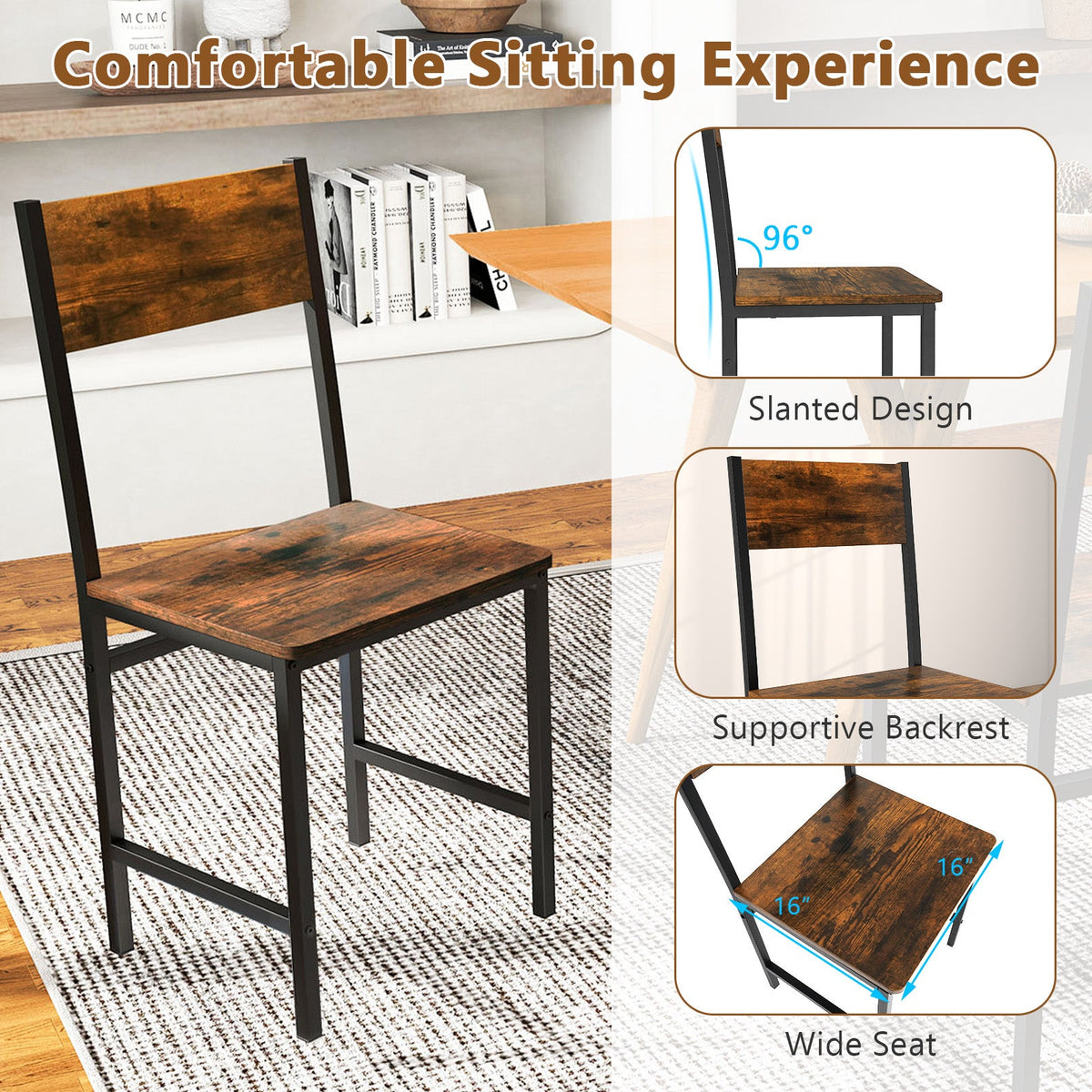 Industrial Kitchen Side Chairs Set of 2 with Metal Legs and Slanted Back-Rustic Brown