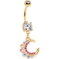 Pink Gem Encrusted Gold Tone Anodized Crescent Moon Dangle Belly Ring