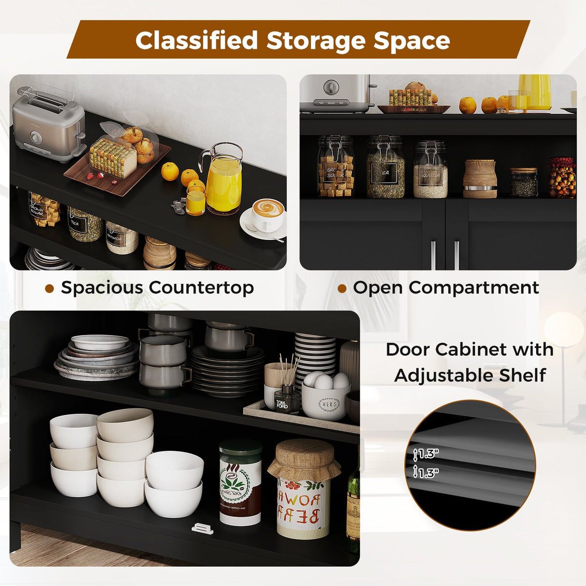 Kitchen Buffet Server Sideboard Storage Cabinet with 2 Doors and Shelf