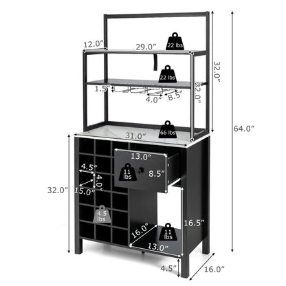Kitchen Bakers Rack Freestanding Wine Rack Table with Glass Holder and Drawer
