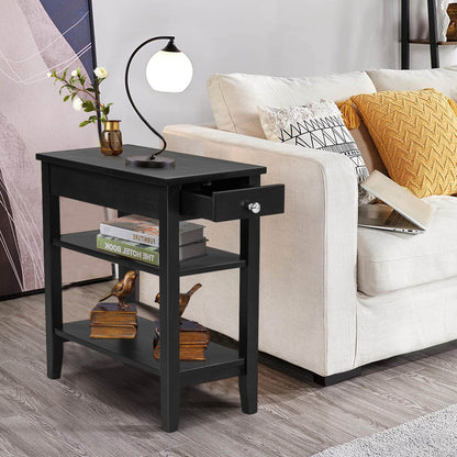 Side End Table with Drawer and 2-Tier Open Storage Shelves for Space Saving