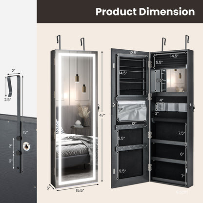 Mirrored Jewelry Armoire with Full Length Mirror and 2 Internal LED Lights