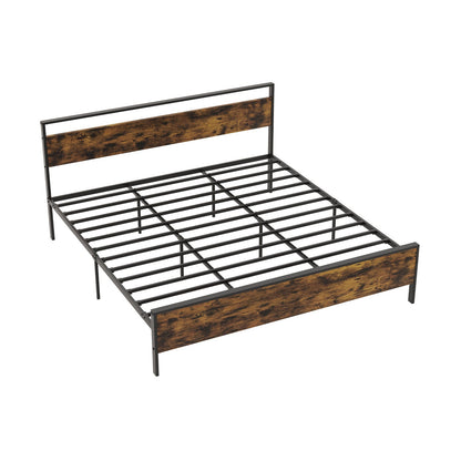 King Metal Bed Frame Industrial Platform Bed with Wooden Headboard