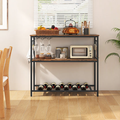 3 Shelves Kitchen Island Industrial Prep Table with Bottom Wine Rack-Rustic Brown