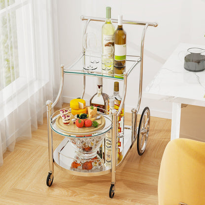 3-Tier Home Bar Serving Cart on Wheels with Mirrored Shelves