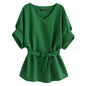 Linen-Blend Loose-Cut Casual Short Sleeve Top with Belt
