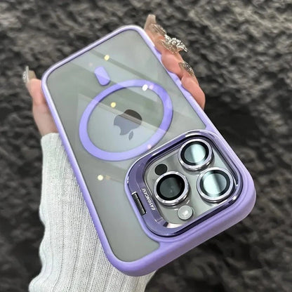 Magnetic Shockproof Transparent Phone Case with Stand | Glass Lens Protection for iPhone 11-16 Series