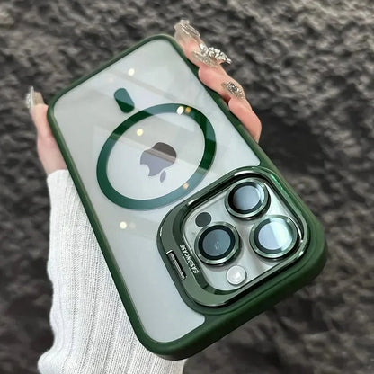 Magnetic Shockproof Transparent Phone Case with Stand | Glass Lens Protection for iPhone 11-16 Series