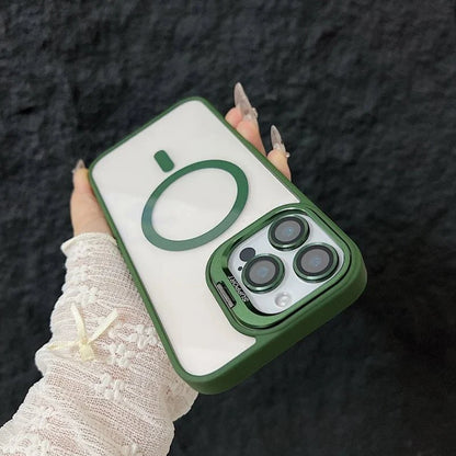Magnetic Shockproof Transparent Phone Case with Stand | Glass Lens Protection for iPhone 11-16 Series