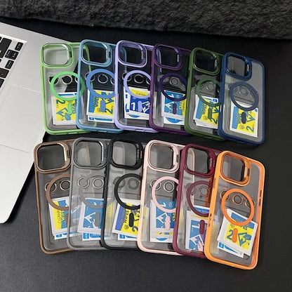 Magnetic Shockproof Transparent Phone Case with Stand | Glass Lens Protection for iPhone 11-16 Series
