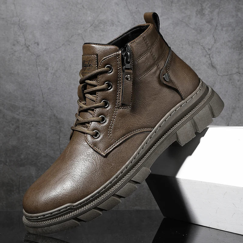 Men Retro Work Ankle Boots Autumn Winter Thick Bottom High Top Casual Boots Leather Boots Chelsea Desert Waterproof  Boots Male