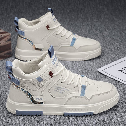 Men's new breathable high top shoes for male students, trendy and versatile white shoes, thick soled sports and leisure board shoes