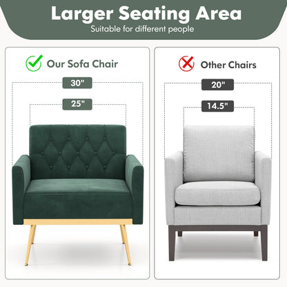 Modern Velvet Accent Chair with Button Tufted Back Golden Metal Legs and Adjustable Foot Pads