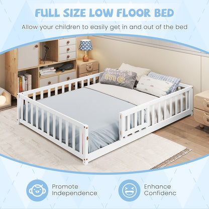 Montessori Bed Frame with Full-length Guardrails Safety Door and Latch-White