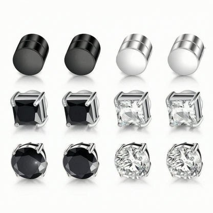 Magnetic CZ Stud Earrings for Men Women, Multi Sets 6mm Non-Piercing Clip On Hypoallergenic Stainless Steel