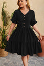 New V-neck jacquard waist cinched five quarter sleeve pleated dress