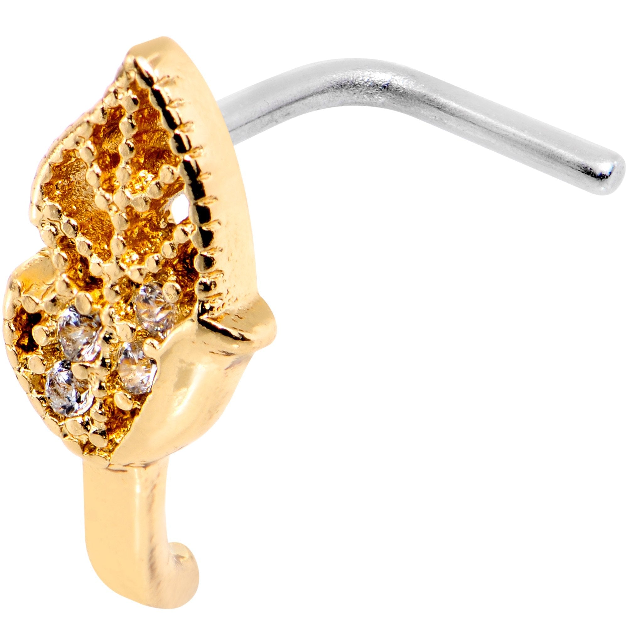 20G Clear CZ Gold Tone Leaf Faux Hoop L Shaped Nose Ring