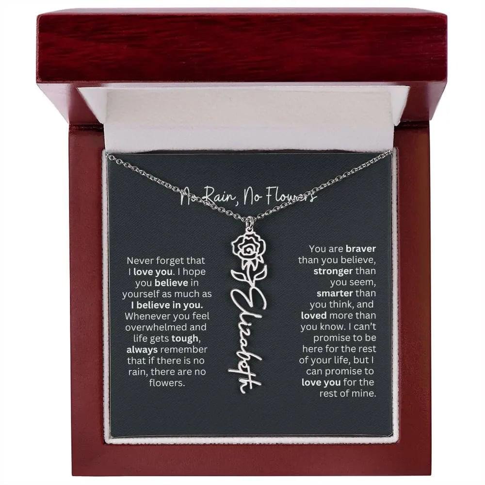 No Rain No Flowers Birth Necklace - Personalized Name Jewelry
