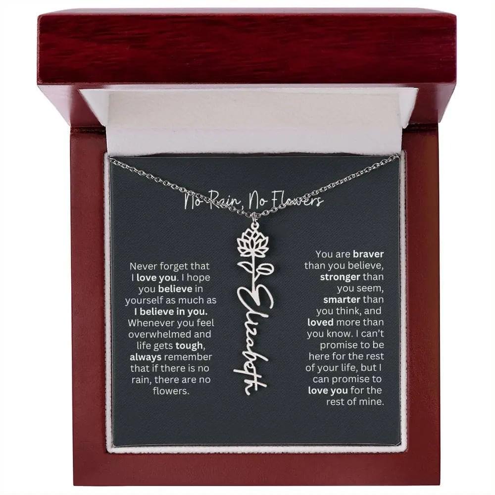 No Rain No Flowers Birth Necklace - Personalized Name Jewelry