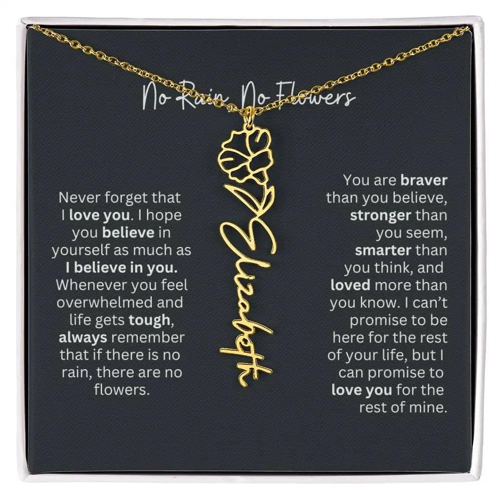 No Rain No Flowers Birth Necklace - Personalized Name Jewelry