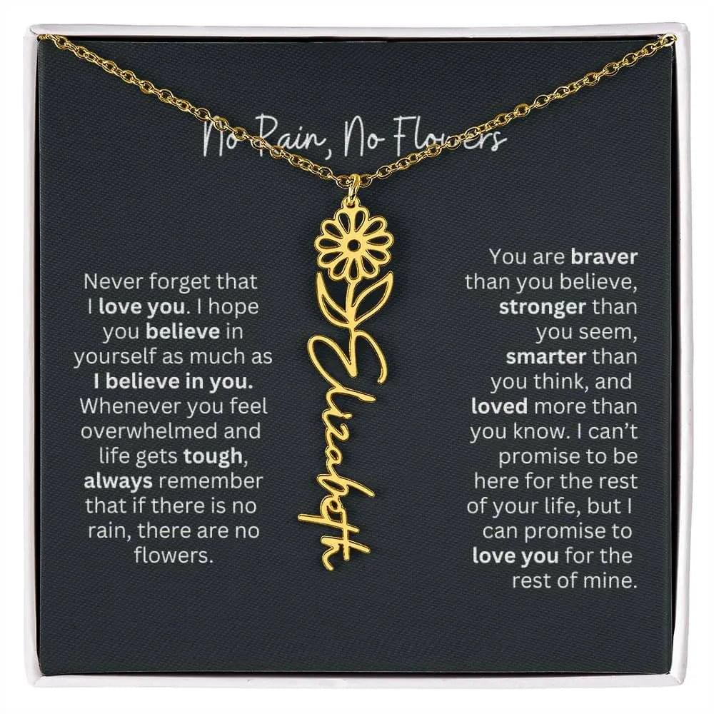 No Rain No Flowers Birth Necklace - Personalized Name Jewelry
