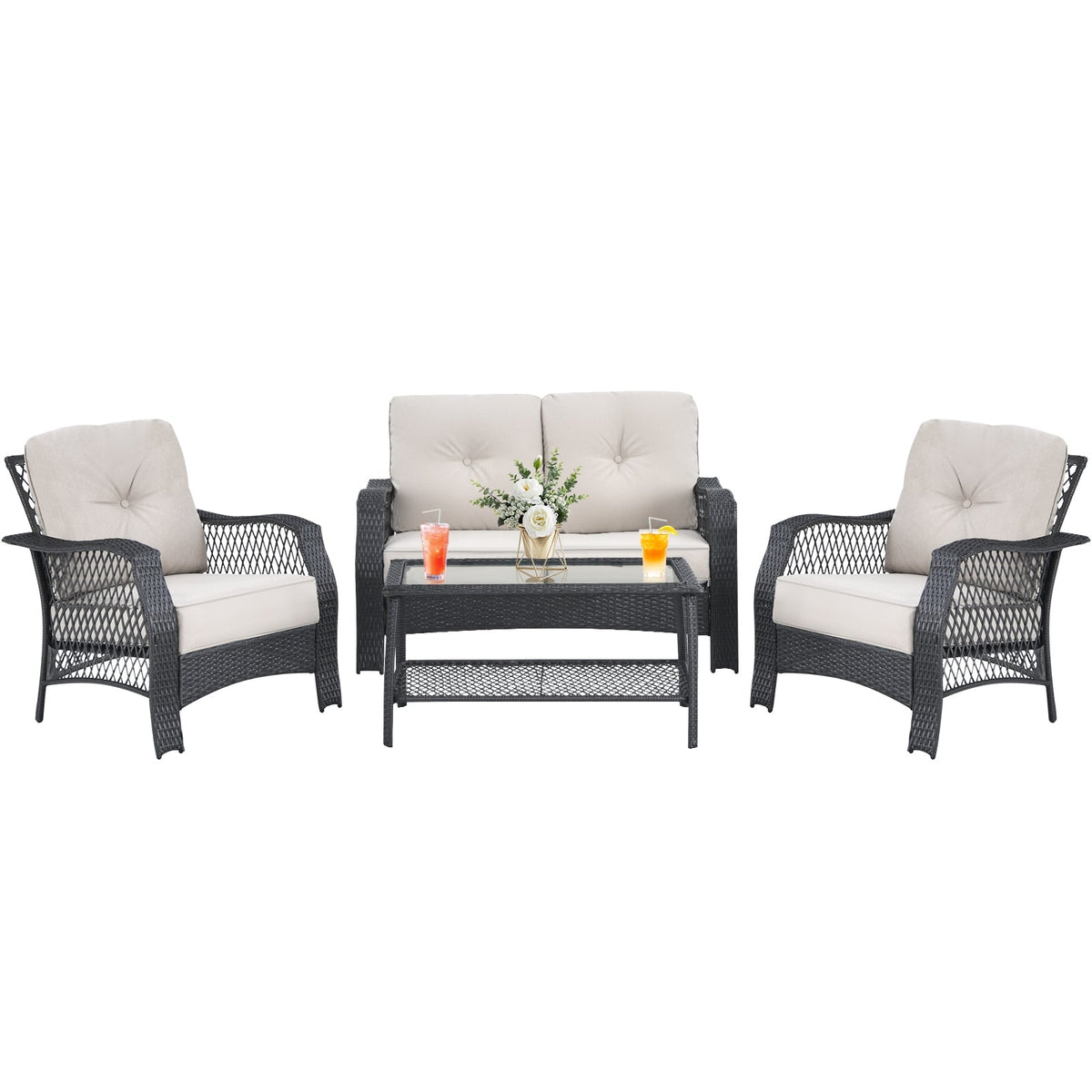 4 Pieces Patio Wicker Furniture Set Loveseat Sofa Coffee Table with Cushion-Beige
