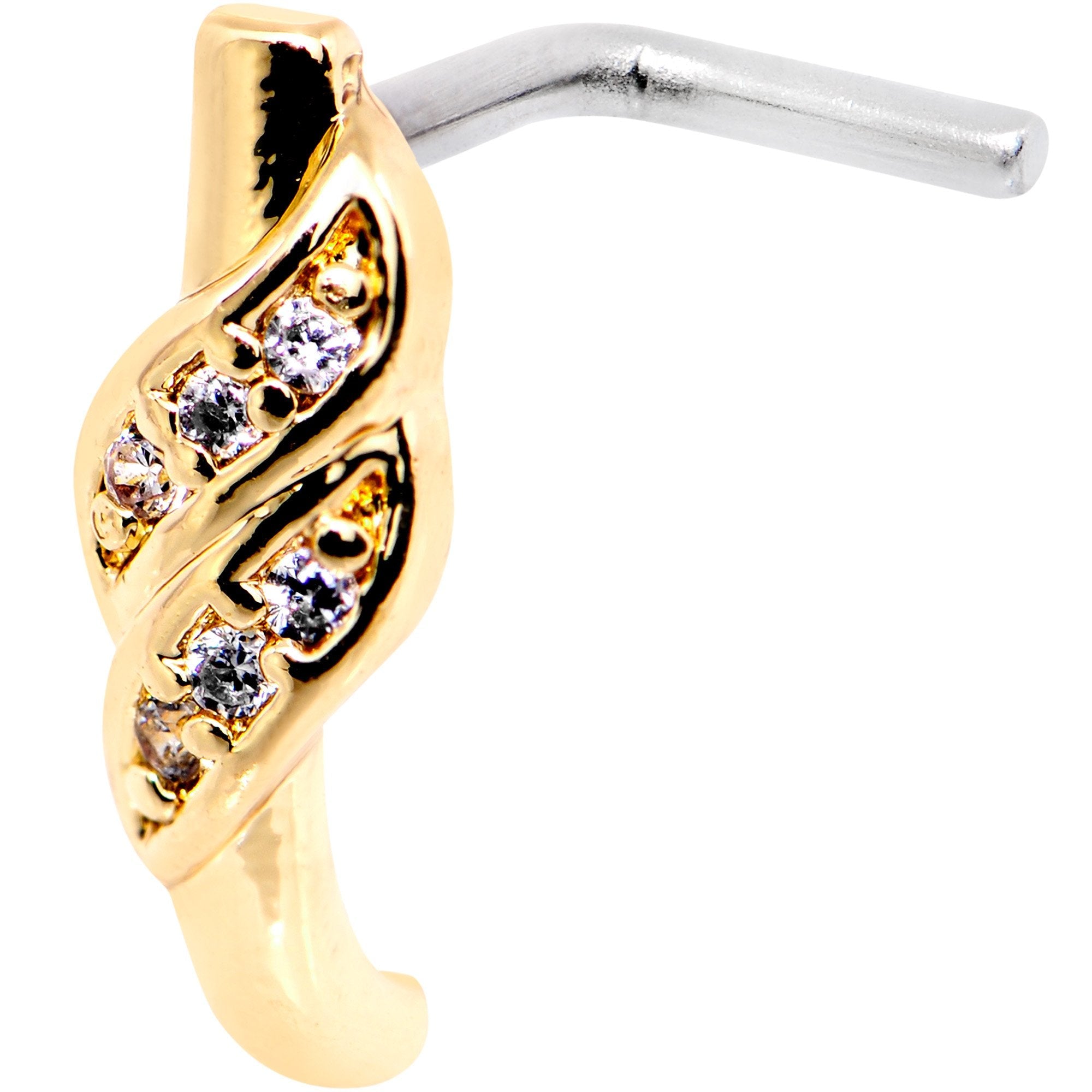 18G Clear CZ Gold Tone Swish Faux Hoop L Shaped Nose Ring