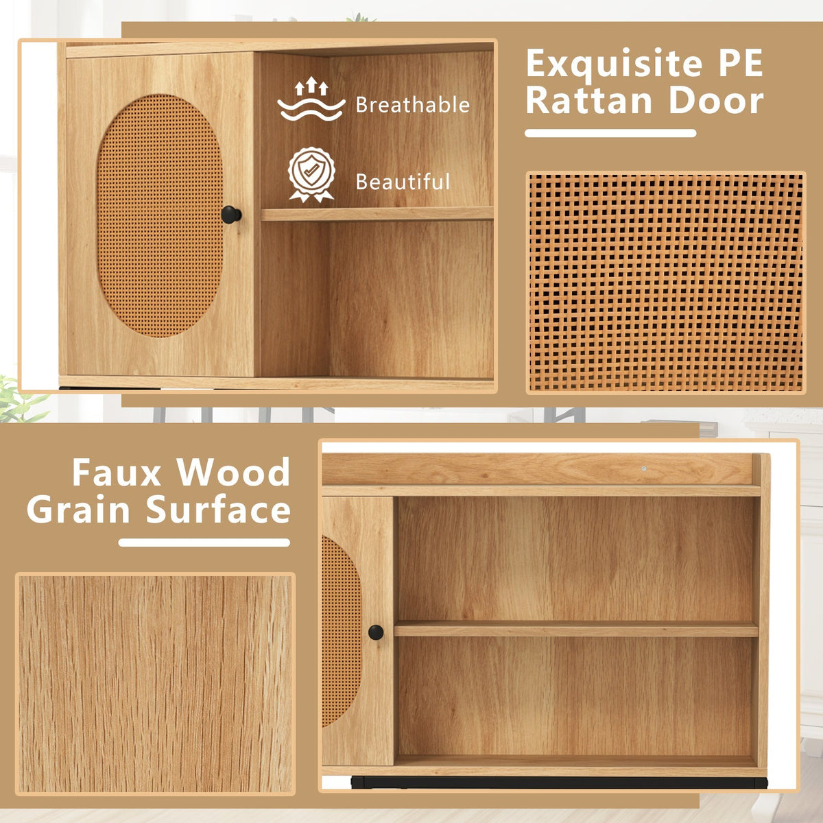 Over The Toilet Storage Cabinet with PE Rattan Door and Open Storage Shelves-Natural