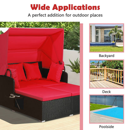 Patio Rattan Daybed with Retractable Canopy and Side Tables