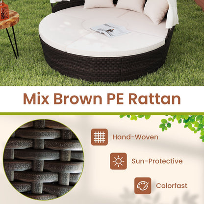 Patio Round Daybed with Retractable Canopy-White