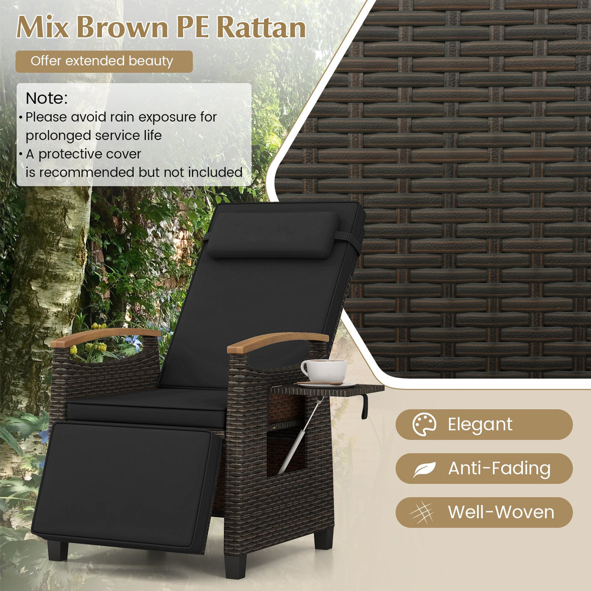 Patio Wicker Recliner Chair with Adjustable Backrest and Footrest